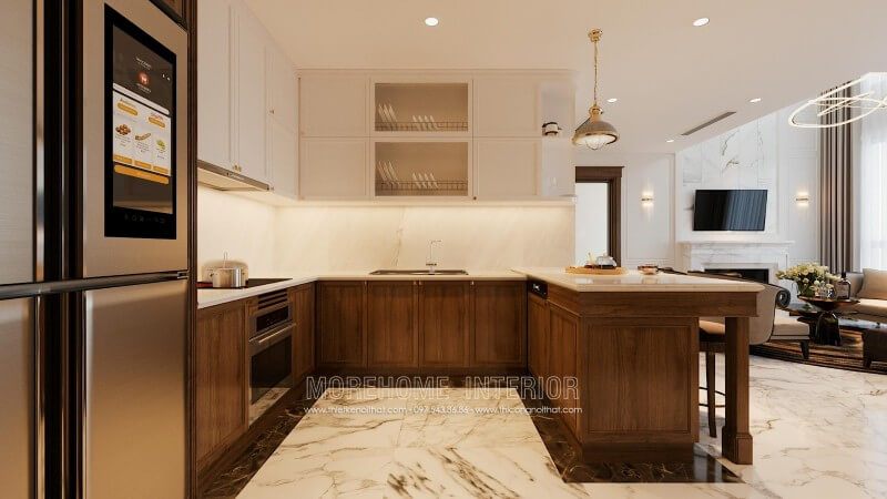 Tủ bếp biệt thự có kiểu dáng chữ u và cung cấp nhiều không gian rộng, giúp cho gia chủ có thể nấu nướng nhanh chóng và thuận tiện hơn.